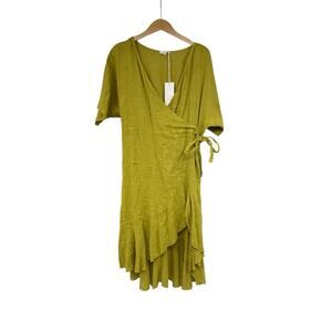 Vanessa Zani 100% Linen Faux Wrap Dress Olive Green Made In Italy Womens Large